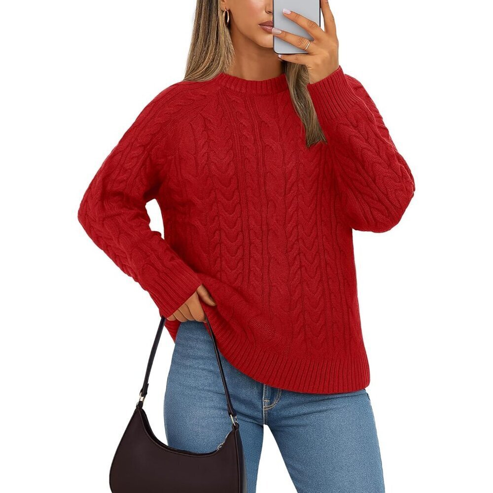 Women's Chunky Cable Knit Sweater Crewneck Long Sleeve Fall Casual Warm Stylish